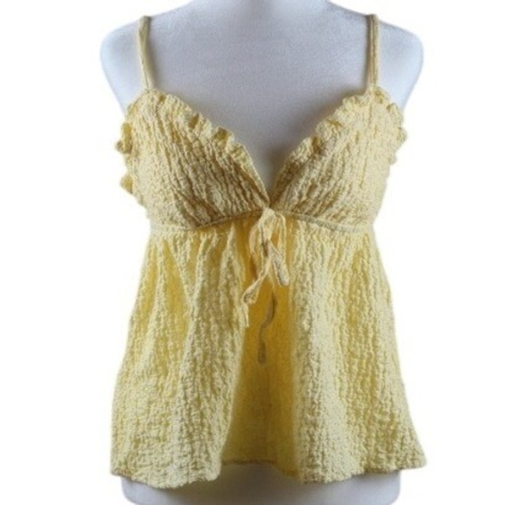 POL Yellow Textured Seersucker Babydoll Cami Tank Top Tie Front Size M